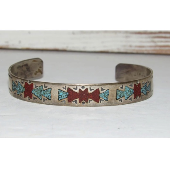 Marty Bentley | Navajo Sterling Silver Cuff Bracelet w/Bezel  Vintage Navajo Turquoise Coral Inlay Stacker Cuff Bracelet Sterling Silver